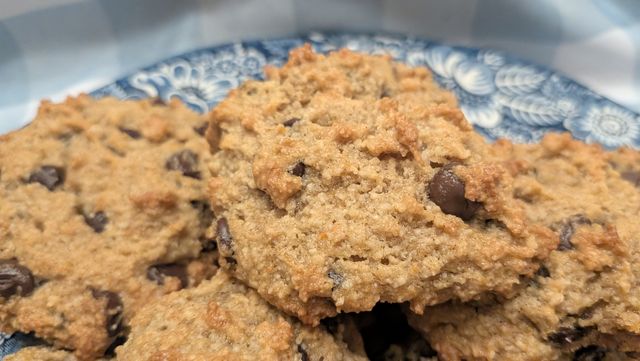 A plate of Sweet Potato Chocolate Chip Cookies on a blue and white patterned dish.