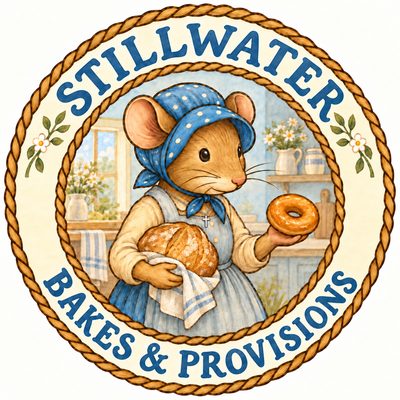 Stillwater Bakes and Provisions kitchen logo: the same mouse in a farmhouse kitchen, holding a loaf of bread and a baked treat.